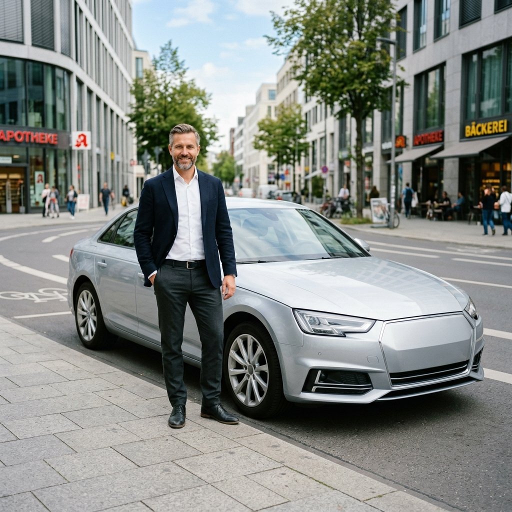 Zufriedener Fahrer neben seinem Auto
